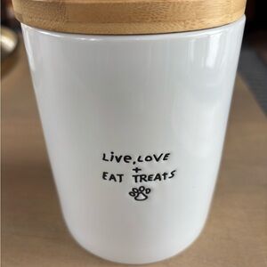 White Ceramic Treat Canister with Bamboo Lid - 'Live, Love + Eat Treats'